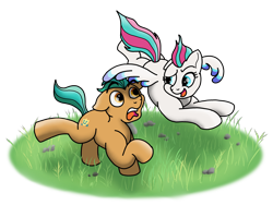 Size: 3304x2484 | Tagged: safe, artist:doodledonutart, hitch trailblazer, zipp storm, earth pony, pegasus, pony, g5, my little pony: a new generation, flying, grass, high res