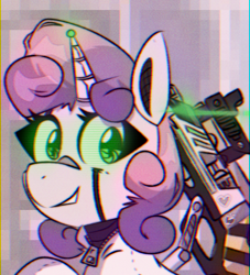 Size: 500x550 | Tagged: safe, artist:provolonepone, sweetie belle, pony, robot, robot pony, unicorn, g4, chromatic aberration, female, filly, glowing, glowing eyes, green eyes, gun, laser, looking at you, solo, sweetie bot, weapon, zipper