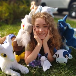 Size: 761x761 | Tagged: safe, discord, princess luna, alicorn, bat pony, cat, cow, draconequus, human, g4, fangs, female, glasses, happy, horn, irl, irl human, outdoors, photo, plushie