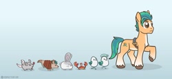 Size: 1280x593 | Tagged: safe, artist:redpalette, hitch trailblazer, kenneth, mcsnips-a-lot, steven, armadillo, bird, crab, mouse, rabbit, seagull, g5, my little pony: a new generation, animal, chest fluff, critter magnet, critters, cute, following, hitchbetes, male, parade, pegamouse, sheriff, stallion, trotting, unshorn fetlocks