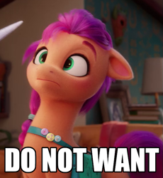 Size: 571x620 | Tagged: safe, edit, edited screencap, screencap, sunny starscout, pony, g5, my little pony: a new generation, spoiler:my little pony: a new generation, 3d, caption, do not want, female, image macro, mare, text