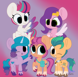 Size: 2350x2318 | Tagged: safe, artist:starbatto, hitch trailblazer, izzy moonbow, pipp petals, sunny starscout, zipp storm, earth pony, pegasus, pony, unicorn, g5, my little pony: a new generation, spoiler:my little pony: a new generation, chibi, female, high res, male, mane five, mare, one eye closed, smiling, stallion, wink