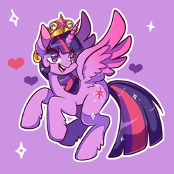 Size: 1500x1500 | Tagged: safe, artist:artkett1412, twilight sparkle, alicorn, pony, g4, big crown thingy, colored wings, colored wingtips, element of magic, female, flying, heart, jewelry, mare, purple background, regalia, simple background, smiling, solo, sparkles, spread wings, twilight sparkle (alicorn), wings