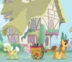 Size: 809x701 | Tagged: safe, screencap, bon bon, chance-a-lot, creme brulee, daisy, flower wishes, granny smith, sweetie drops, earth pony, pony, g4, background pony, cart, cropped, horse collar, not big macintosh