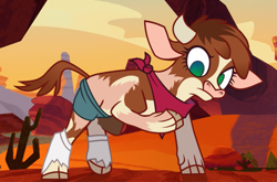 Size: 1025x677 | Tagged: safe, artist:anonymous, arizona (tfh), cow, them's fightin' herds, /ptfg/, bandana, clothes, cloven hooves, community related, female, human to cow, looking at hooves, mid-transformation, outdoors, show accurate, socks, torn clothes, torn socks, transformation