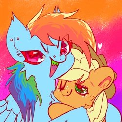 Size: 2000x2000 | Tagged: dead source, safe, artist:axollungz, applejack, rainbow dash, earth pony, pegasus, pony, g4, abstract background, cheek fluff, cuddling, duo, ear piercing, facial piercing, female, heart, high res, lesbian, one eye closed, piercing, sharp teeth, ship:appledash, shipping, teeth, wingding eyes