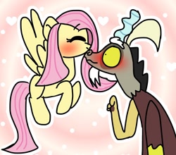 Size: 1080x950 | Tagged: safe, artist:laurel_egg, discord, fluttershy, draconequus, pegasus, pony, g4, antlers, big eyes, blushing, blushing profusely, eyebrows, eyebrows visible through hair, eyes closed, female, flying, heart, interspecies, kissing, male, mare, nose kiss, pink background, ship:discoshy, shipping, simple background, spread wings, straight, white outline, wings