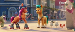 Size: 4517x1920 | Tagged: safe, screencap, hitch trailblazer, sunny starscout, crab, pony, g5, my little pony: a new generation, 3d, critter magnet, female, helmet, hitch trailblazer is not amused, male, mare, open mouth, roller skates, stallion, unamused