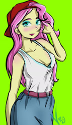 Size: 1024x1792 | Tagged: safe, artist:nolyanimeid, fluttershy, equestria girls, g4, 90s grunge fluttershy, backwards ballcap, baseball cap, blushing, cap, clothes, female, hat, simple background, solo, tank top, yellow background