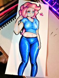 Size: 1024x1365 | Tagged: safe, artist:nolyanimeid, pinkie pie, equestria girls, g4, belly button, breasts, busty pinkie pie, female, heart, human coloration, solo, traditional art
