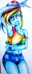 Size: 1626x3689 | Tagged: safe, artist:nolyanimeid, rainbow dash, equestria girls, equestria girls specials, g4, my little pony equestria girls: better together, my little pony equestria girls: spring breakdown, armpits, belly button, breasts, busty rainbow dash, clothes, devil horn (gesture), female, grin, shorts, smiling, solo, traditional art