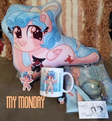 Size: 1080x1169 | Tagged: safe, artist:fannytastical, cozy glow, lord tirek, pegasus, pony, g4, blue hair, cooking, cozybetes, cup, cute, cutie mark, female, filly, monday, mug, photography, pillow, purchase, solo, sticker