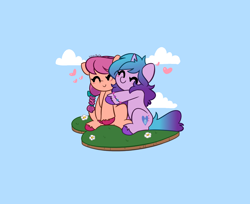 Size: 5992x4900 | Tagged: safe, artist:kittyrosie, izzy moonbow, sunny starscout, earth pony, pony, unicorn, g5, my little pony: a new generation, spoiler:my little pony: a new generation, ^^, bracelet, cute, duo, eyes closed, female, floating heart, heart, hug, izzybetes, jewelry, lesbian, ship:moonscout, shipping, sitting, sunnybetes