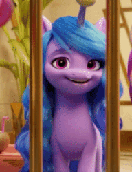 Size: 225x293 | Tagged: safe, screencap, izzy moonbow, g5, my little pony: a new generation, spoiler:my little pony: a new generation, 3d, animated, ball, cropped, duckface, gif, izzy's tennis ball, offscreen character, solo focus, tennis ball