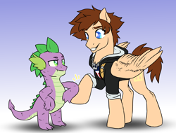 Size: 2424x1839 | Tagged: safe, artist:not-ordinary-pony, spike, pony, fanfic:kingdom hearts of harmony, g4, bros, clothes, commission, disney, duo, duo male, fanfic art, hoofbump, kingdom hearts, kingdom hearts of harmony, male, ponified, simple background, sora