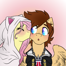 Size: 2000x2000 | Tagged: safe, artist:not-ordinary-pony, fluttershy, pony, fanfic:kingdom hearts of harmony, g4, blushing, cheek kiss, clothes, commission, disney, female, high res, kingdom hearts, kingdom hearts of harmony, kissing, male, ponified, shipping, simple background, sora, sorashy, straight