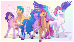 Size: 1800x1024 | Tagged: safe, artist:arexstar, hitch trailblazer, izzy moonbow, pipp petals, sunny starscout, zipp storm, earth pony, pegasus, pony, unicorn, g5, my little pony: a new generation, adorapipp, adorazipp, colored wings, cute, female, male, mane five, mare, multicolored wings, royal sisters (g5), siblings, sisters, stallion, wings