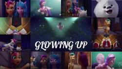 Size: 1280x721 | Tagged: safe, edit, edited screencap, editor:quoterific, screencap, cloudpuff, hitch trailblazer, izzy moonbow, pipp petals, queen haven, sunny starscout, zipp storm, earth pony, pegasus, pony, unicorn, g5, my little pony: a new generation, spoiler:g5, spoiler:my little pony: a new generation, 3d, critter magnet, female, flying, glowin' up, male, mane five, mare, open mouth, stallion