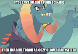 Size: 723x499 | Tagged: safe, edit, edited screencap, screencap, dragon lord torch, dragon, g4, gauntlet of fire, bloodstone scepter, caption, cropped, dragon crown, dragon lord, image macro, implied cozy glow, male, smiling, solo, text, torchabetes