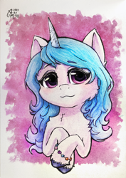 Size: 1438x2036 | Tagged: safe, artist:b_m, izzy moonbow, pony, unicorn, g5, my little pony: a new generation, spoiler:my little pony: a new generation, bust, female, portrait, smiling, solo, traditional art, watercolor painting