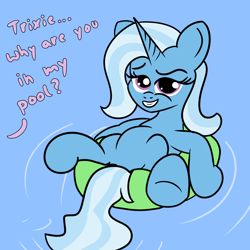 Size: 2000x2000 | Tagged: safe, artist:dafiltafish, trixie, pony, unicorn, g4, belly, featureless crotch, female, high res, implied twilight sparkle, inner tube, looking at you, mare, pool toy, smiling, smug, solo, swimming pool
