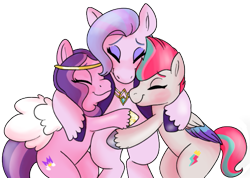 Size: 507x360 | Tagged: safe, artist:therainbowtroll, pipp petals, queen haven, zipp storm, pegasus, pony, g5, my little pony: a new generation, spoiler:my little pony: a new generation, cute, drawthread, eyes closed, family, female, group hug, hug, mother and child, mother and daughter, requested art, royal sisters (g5), siblings, simple background, sisters, transparent background, vector