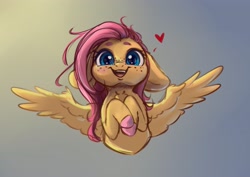 Size: 3685x2604 | Tagged: safe, artist:miokomata, fluttershy, pegasus, pony, g4, bust, chest fluff, colored hooves, cute, daaaaaaaaaaaw, female, floating heart, floppy ears, freckles, freckleshy, front view, full face view, happy, heart, high res, hooves to the chest, looking at you, mare, open mouth, open smile, shyabetes, smiling, solo, spread wings, wings