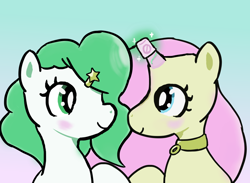 Size: 1080x790 | Tagged: safe, artist:duckchip, oc, oc only, oc:silky sweet, oc:spring starstripe, pegasus, pony, unicorn, g5, close-up, collar, couple, female, food, holding hands, holding hooves, horn, icon, lesbian, love, magic, magic aura, magic suppression, marshmallow, simple background, stars