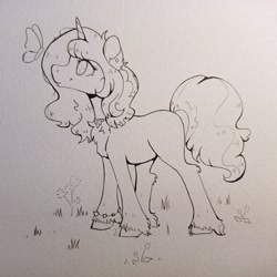 Size: 2992x2992 | Tagged: safe, artist:lightisanasshole, izzy moonbow, butterfly, pony, unicorn, g5, chest fluff, cute, ear fluff, ear piercing, earring, female, flower, fluffy, grass, high res, hoof fluff, izzybetes, jewelry, leg fluff, lineart, mare, necklace, photo, piercing, side view, simple background, smiling, solo, traditional art, wip