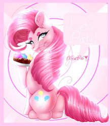 Size: 607x700 | Tagged: safe, artist:fantisai, pinkie pie, earth pony, pony, g4, abstract background, balloonbutt, butt, cupcake, eyelashes, food, looking back, plot, smiling, solo