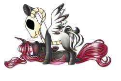 Size: 3000x2000 | Tagged: safe, artist:fantisai, oc, oc only, changeling, changeling queen, pegasus, pony, blushing, changeling queen oc, colored hooves, duo, high res, lying down, mask, on back, pegasus oc, red changeling, signature, simple background, skull, transparent background