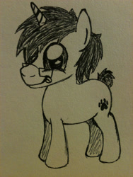 Size: 1536x2048 | Tagged: safe, artist:zombietator, oc, oc only, oc:wolfie, pony, unicorn, :p, colt, glasses, horn, lineart, male, tongue out, traditional art, unicorn oc