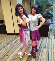 Size: 800x890 | Tagged: safe, artist:sarahndipity cosplay, artist:shelbeanie, rarity, twilight sparkle, human, equestria girls, g4, clothes, cosplay, costume, everfree northwest, everfree northwest 2018, hand on hip, high heels, irl, irl human, photo, shoes