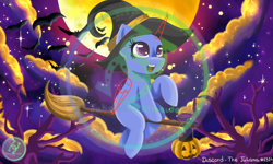 Size: 2000x1200 | Tagged: safe, artist:julie25609, alicorn, bat, earth pony, pegasus, pony, unicorn, g4, luna eclipsed, advertisement, broom, cloud, commission, commission info, flying, flying broomstick, hat, moon, night, photo, pumpkin bucket, sky, stars, tree, witch hat, ych example, your character here