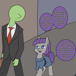 Size: 1500x1500 | Tagged: safe, artist:happy harvey, maud pie, oc, oc:anon, earth pony, human, pony, g4, briefcase, clothes, dialogue, female, looking down, male, mare, phone drawing, propositioning, suit, walking