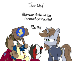 Size: 1200x1026 | Tagged: safe, artist:icey, oc, oc only, oc:blackjack, oc:daydream, oc:littlepip, oc:quick fix, pony, unicorn, fallout equestria, fallout equestria: project horizons, colt, cutie mark crusaders patch, dialogue, female, filly, freckles, green eyes, horn, lidded eyes, male, mare, open mouth, open smile, palindrome get, sign, simple background, smiling, smol, speech bubble, transparent background, unamused, unicorn oc