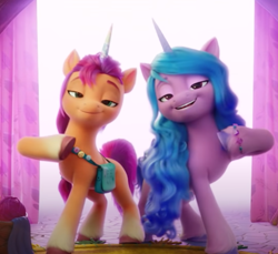 Size: 724x663 | Tagged: safe, screencap, izzy moonbow, sunny starscout, earth pony, pony, unicorn, g5, my little pony: a new generation, spoiler:my little pony: a new generation, 3d, cropped, duo, fake horn, female, fit right in (g5), lidded eyes, mare, smug, sunny smugscout
