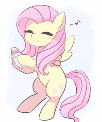 Size: 1722x2048 | Tagged: safe, artist:ginmaruxx, fluttershy, pegasus, pony, g4, bipedal, cute, eyes closed, female, hoof hold, humming, mare, music notes, shyabetes, smiling, snack, snow cone, solo, spread wings, wings