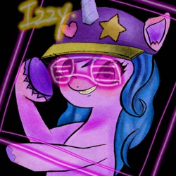 Size: 1280x1280 | Tagged: safe, artist:veryjelly123, izzy moonbow, pony, unicorn, g5, my little pony: a new generation, spoiler:my little pony: a new generation, baseball cap, cap, glasses, gritted teeth, hat, izzy the rapper, rapper, shutter shades, solo, sunglasses