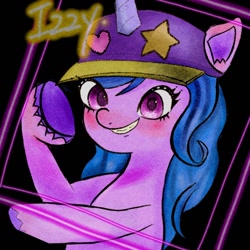 Size: 1280x1280 | Tagged: safe, alternate version, artist:veryjelly123, izzy moonbow, pony, unicorn, g5, my little pony: a new generation, baseball cap, cap, glasses off, gritted teeth, hat, izzy the rapper, rapper, solo