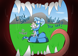 Size: 2365x1709 | Tagged: safe, artist:change, artist:triksa, oc, oc:splitter, oc:triksa, kobold, lamia, original species, drool, hug, imminent vore, implied vore, mawshot, open mouth