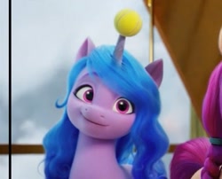 Size: 409x330 | Tagged: safe, screencap, izzy moonbow, sunny starscout, pony, unicorn, g5, my little pony: a new generation, 3d, ball, female, horn, izzy's tennis ball, mare, smiling, tennis ball