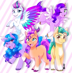 Size: 2018x2048 | Tagged: safe, artist:panda_pies1, hitch trailblazer, izzy moonbow, pipp petals, sunny starscout, zipp storm, earth pony, pegasus, pony, unicorn, g5, adorapipp, adorazipp, cute, ear fluff, female, high res, leg fluff, male, mane five, mare, open mouth, royal sisters (g5), siblings, sisters, stallion