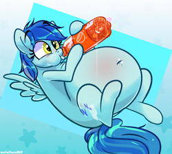 Size: 4000x3560 | Tagged: safe, artist:metalface069, oc, oc:soft cloud, pegasus, pony, belly, belly blush, belly button, big belly, blushing, butt, cheek bulge, commission, drinking, fat, female, inflation, plot, soda, solo, ych result