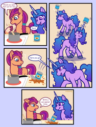 Size: 2700x3600 | Tagged: safe, artist:artisticwerks, izzy moonbow, sunny starscout, earth pony, pony, unicorn, g5, my little pony: a new generation, spoiler:my little pony: a new generation, bean, comic, cooking, duo, high res