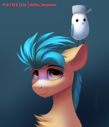 Size: 908x1052 | Tagged: source needed, useless source url, safe, artist:delta hronum, hitch trailblazer, kenneth, bird, earth pony, pony, g5, blaze (coat marking), brown eyes, bust, chest fluff, coat markings, critter magnet, cute, eyebrows, eyebrows visible through hair, facial markings, floppy ears, gradient background, hitchbetes, looking at something, male, smiling, solo, stallion