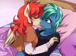 Size: 1280x948 | Tagged: safe, artist:traupa, oc, oc only, anthro, bed, commission, duo, eyes closed, female, kissing, lesbian, open mouth