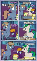 Size: 1920x3169 | Tagged: safe, artist:alexdti, oc, oc only, oc:brainstorm (alexdti), oc:purple creativity, oc:star logic, pegasus, pony, unicorn, comic:quest for friendship, blue eyes, book, comic, cutie mark, female, glasses, green eyes, horn, male, mare, open mouth, open smile, pegasus oc, shrunken pupils, smiling, stallion, standing, tail, trio, two toned mane, two toned tail, unicorn oc