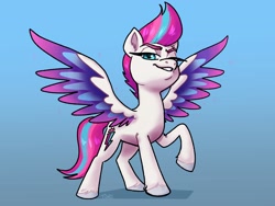 Size: 3200x2400 | Tagged: safe, artist:ohjeetorig, zipp storm, pegasus, pony, g5, my little pony: a new generation, spoiler:my little pony: a new generation, colored wings, ear fluff, eyebrows, eyelashes, female, gradient background, high res, mare, raised hoof, shadow, solo, spread wings, standing, tail, unshorn fetlocks, wings