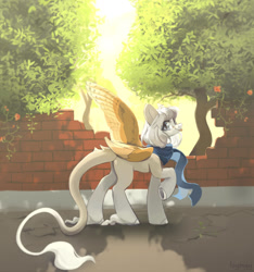 Size: 1280x1369 | Tagged: safe, artist:laymy, oc, oc only, pegasus, pony, clothes, scarf, solo, tongue out, tree, wall